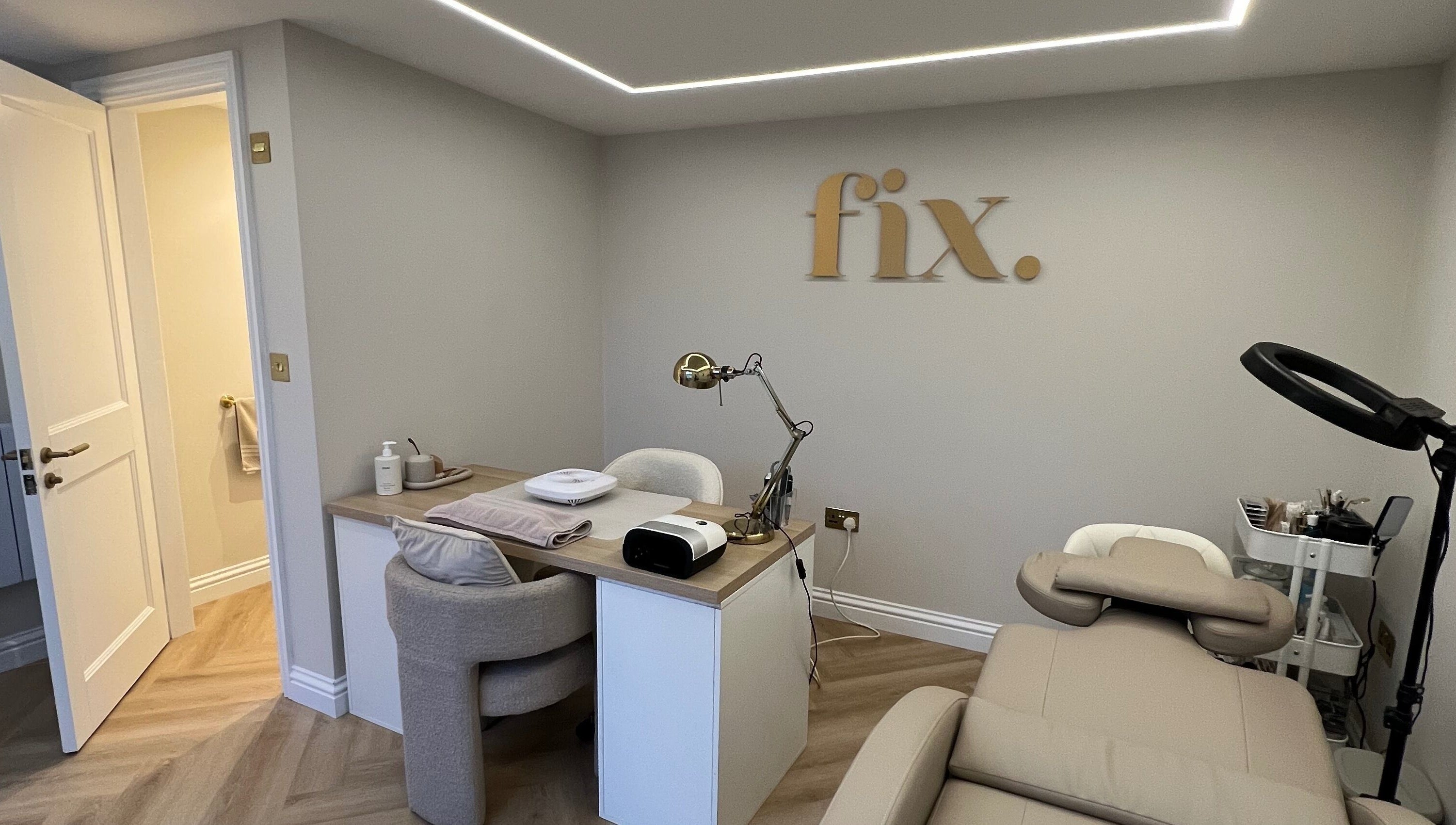 Calm beauty treatment room at Fix Beauty, Glasgow, Scotland, GB, with elegant decor and professional setup.