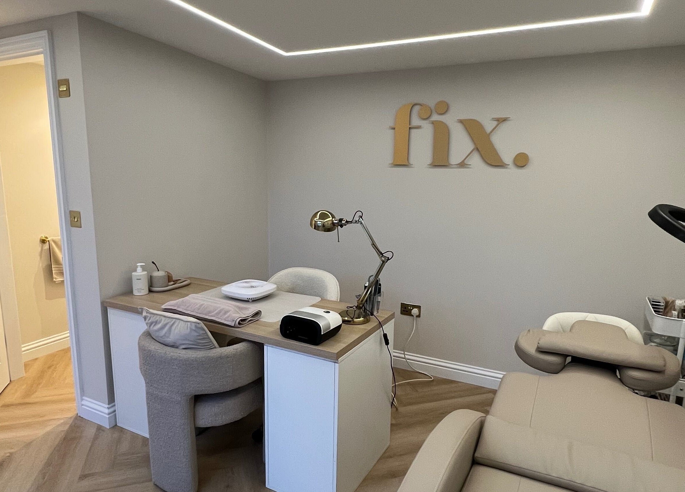 Calm beauty treatment room at Fix Beauty, Glasgow, Scotland, GB, with elegant decor and professional setup.
