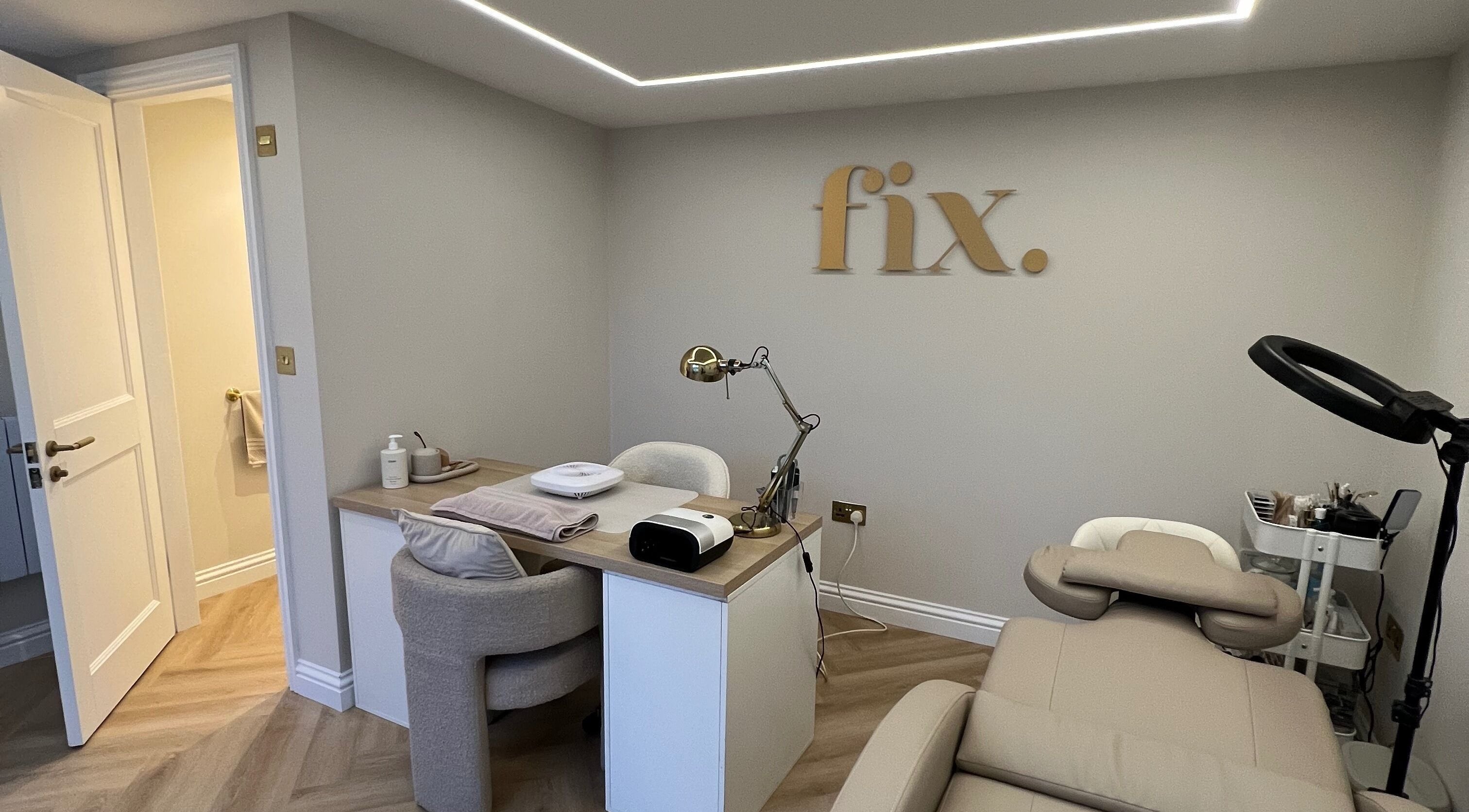 Calm beauty treatment room at Fix Beauty, Glasgow, Scotland, GB, with elegant decor and professional setup.