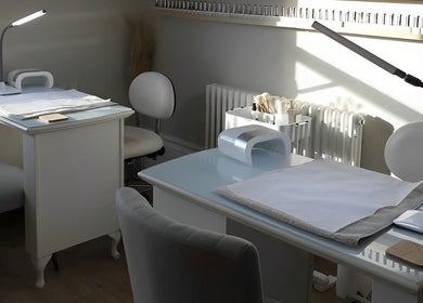 Elegant manicure station at Pure Beauty & Skincare Roos, Roos, England, GB, with modern lighting.