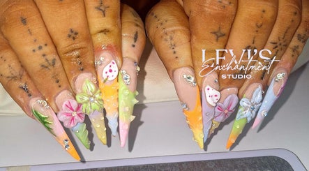 Intricate floral nail art at Levi's Enchantment Studio in Torquay, England, GB.