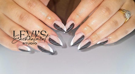 Elegant black and white nail art at Levi's Enchantment Studio, Torquay, England, GB.