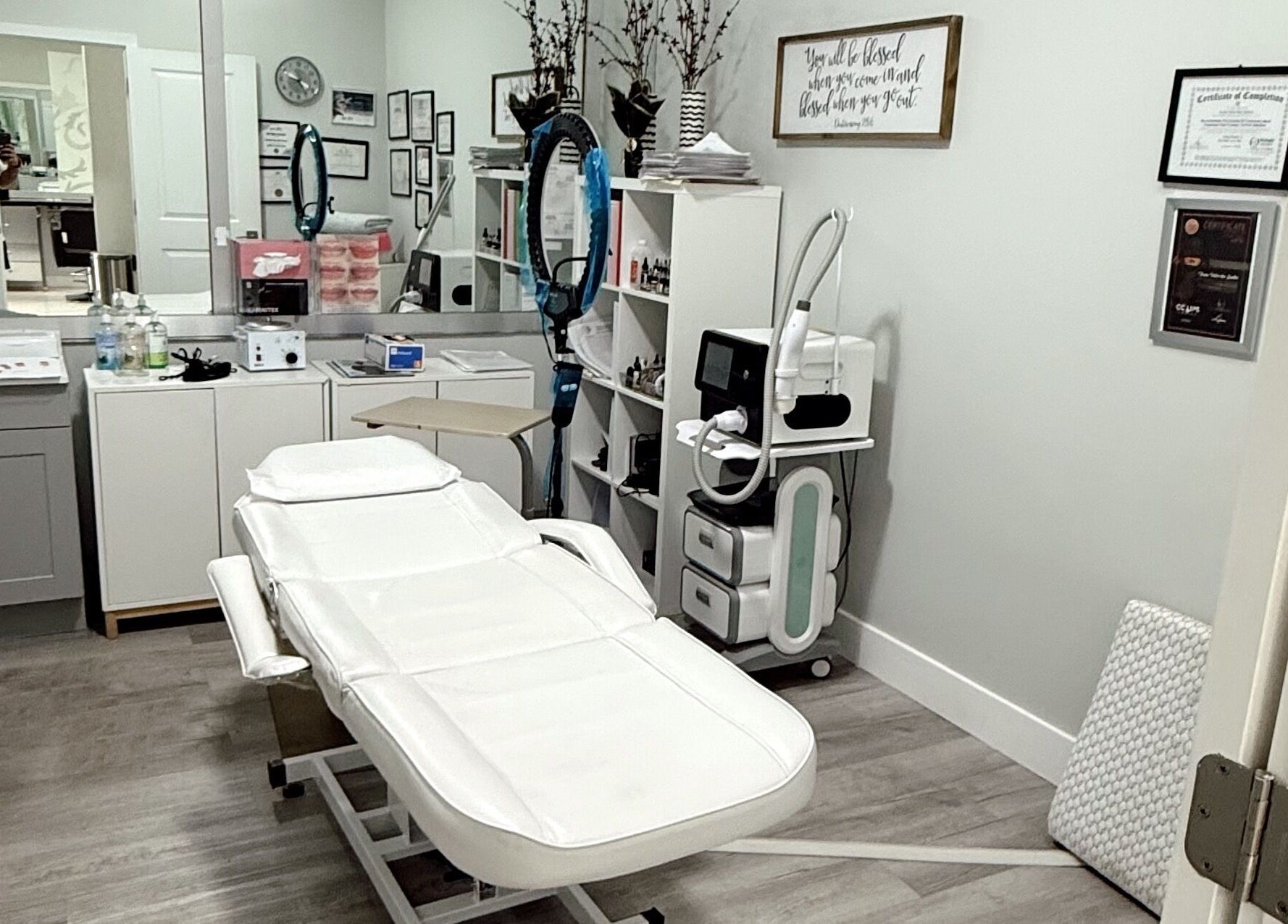 The Lotus Chair spa treatment room in Boca Raton, Florida, US, featuring a comfortable reclining chair.