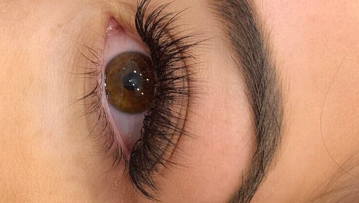 Close-up of eyelash extensions at Lash Ink, Rugby, England, GB, showcasing intricate lash work.
