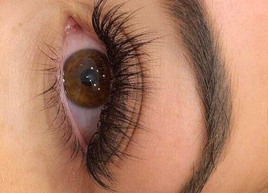 Close-up of eyelash extensions at Lash Ink, Rugby, England, GB, showcasing intricate lash work.