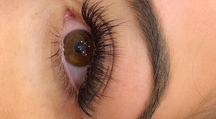 Close-up of eyelash extensions at Lash Ink, Rugby, England, GB, showcasing intricate lash work.