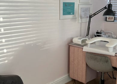 Manicure station at Beauty in the Peak, High Peak, England, GB, illuminated by soft natural light.