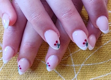 Cherry nail art at Pretty Pamper in Jeffreys Bay, Eastern Cape, ZA. Subtle and elegant nail design.