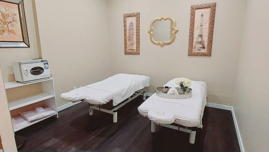 Mica Spa Wellness relaxation room with two massage tables in Vaughan, Ontario, CA.
