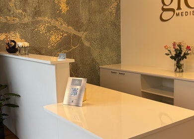 Reception area at The Retreat Room At GloMedispa, Grantham Farm, New South Wales, AU, featuring stylish decor.