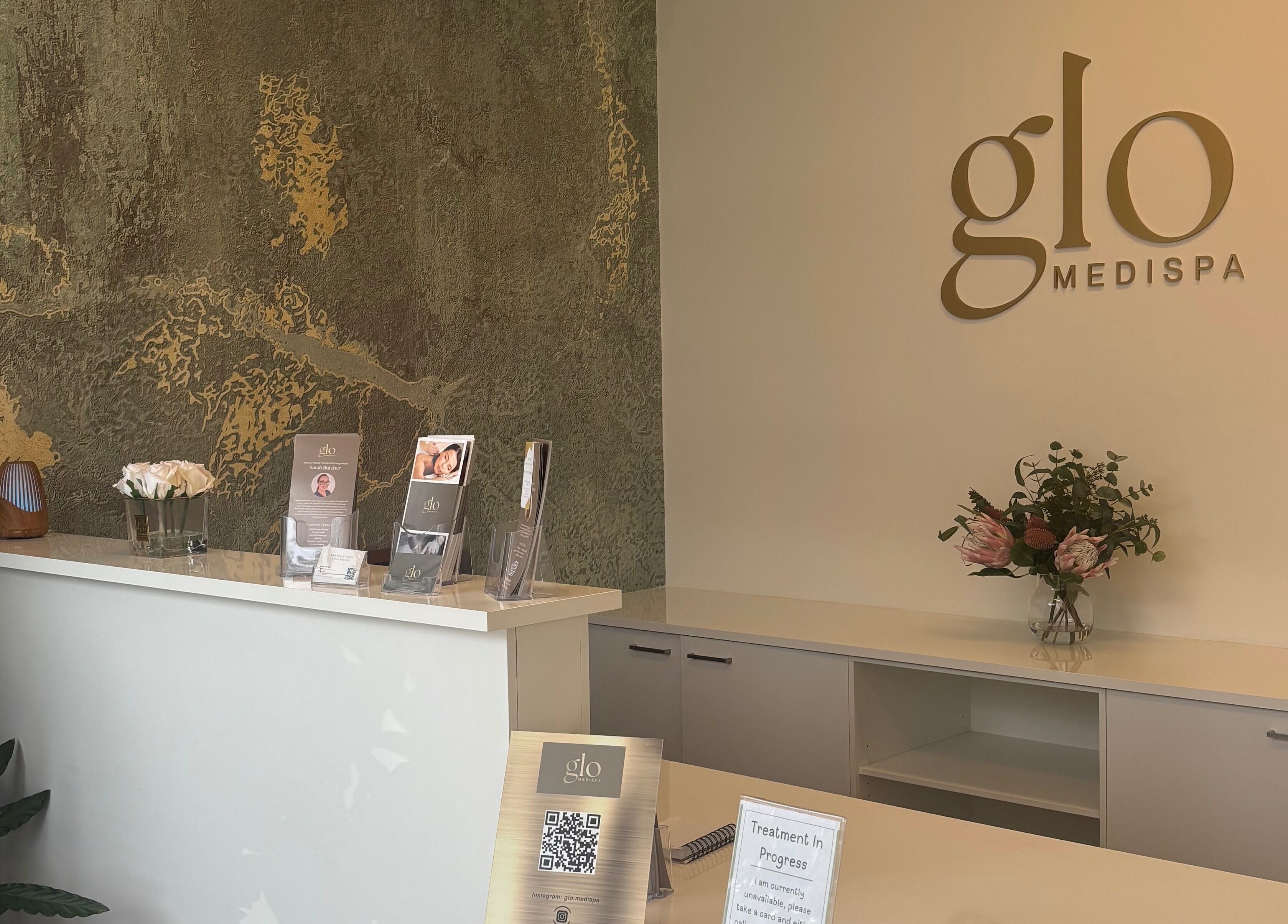 Reception at The Retreat Room At Glo Medispa, Grantham Farm, New South Wales, AU, featuring modern decor.