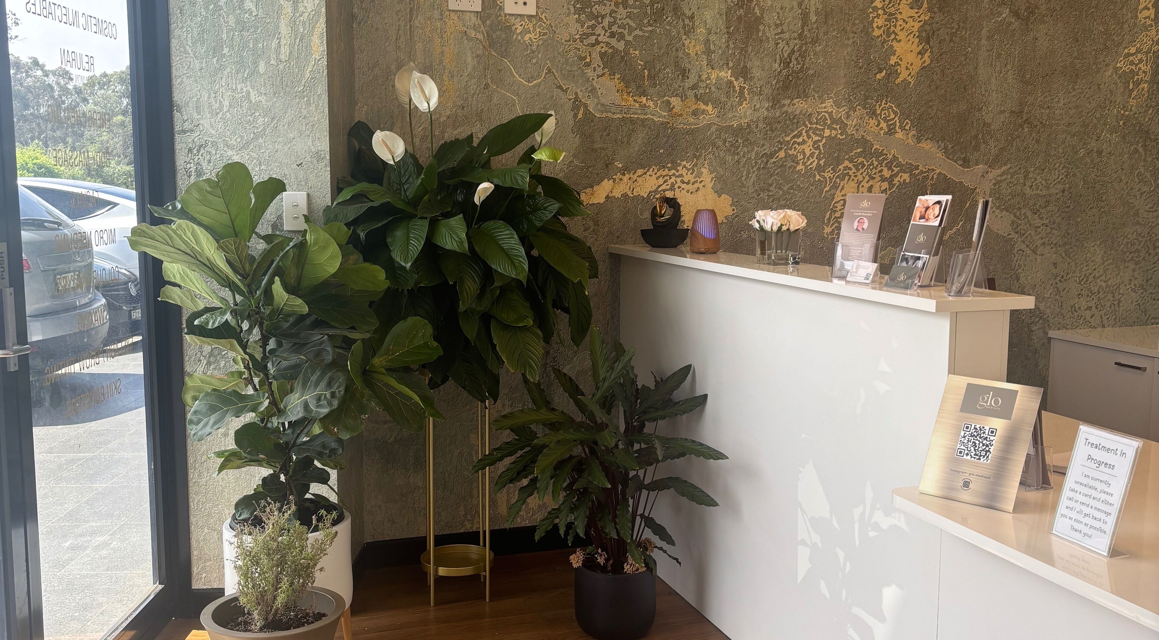 Reception area of The Retreat Room At Glo Medispa, Grantham Farm, New South Wales, AU with lush green plants.