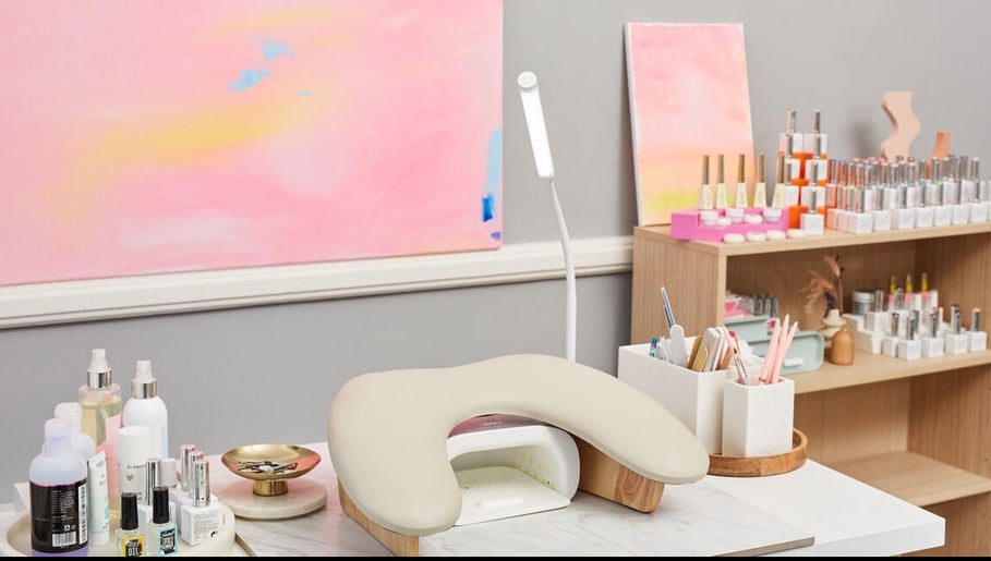 Nail station at Cara Does Nails in Cowbridge, Wales, GB. Modern decor with nail tools and supplies displayed.