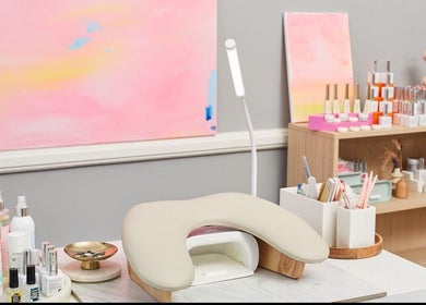 Nail station at Cara Does Nails in Cowbridge, Wales, GB. Modern decor with nail tools and supplies displayed.
