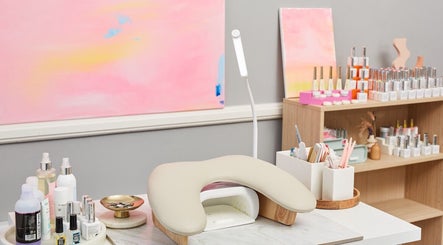 Nail station at Cara Does Nails in Cowbridge, Wales, GB. Modern decor with nail tools and supplies displayed.