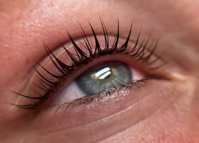 Close-up of styled lashes at Brows by Isabel, Wolverhampton, England, GB.