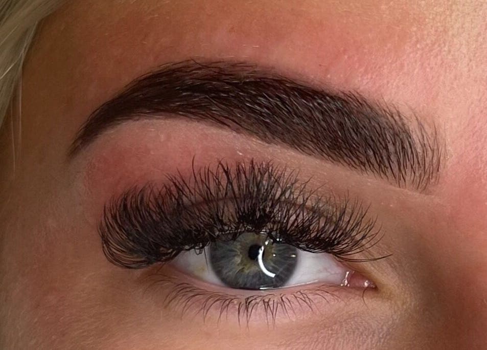 Close-up of expertly shaped brows and lashes at Brows by Isabel, Wolverhampton, England, GB.