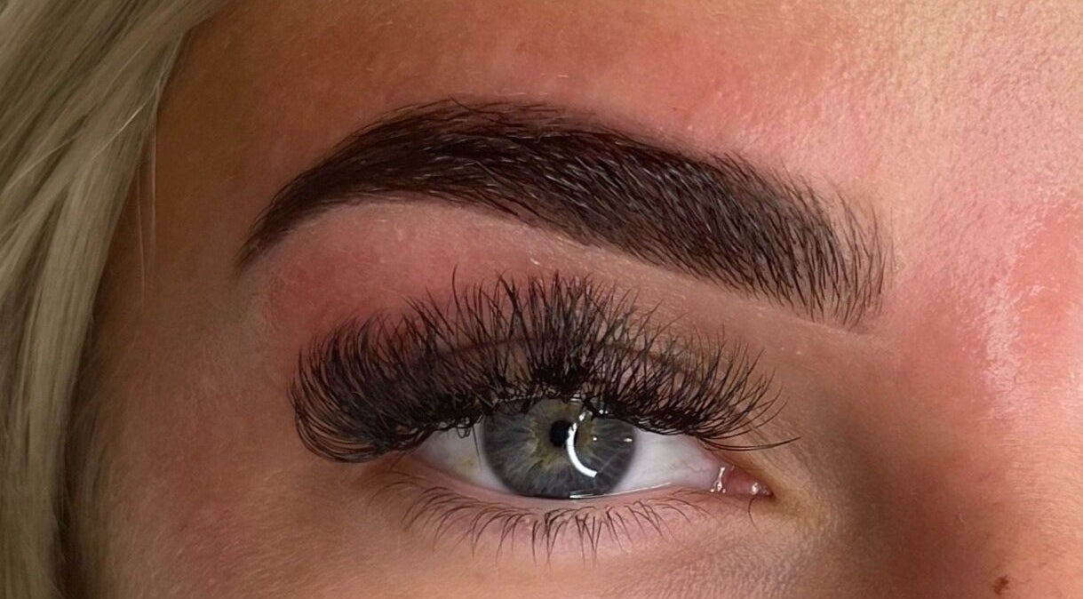 Close-up of expertly shaped brows and lashes at Brows by Isabel, Wolverhampton, England, GB.