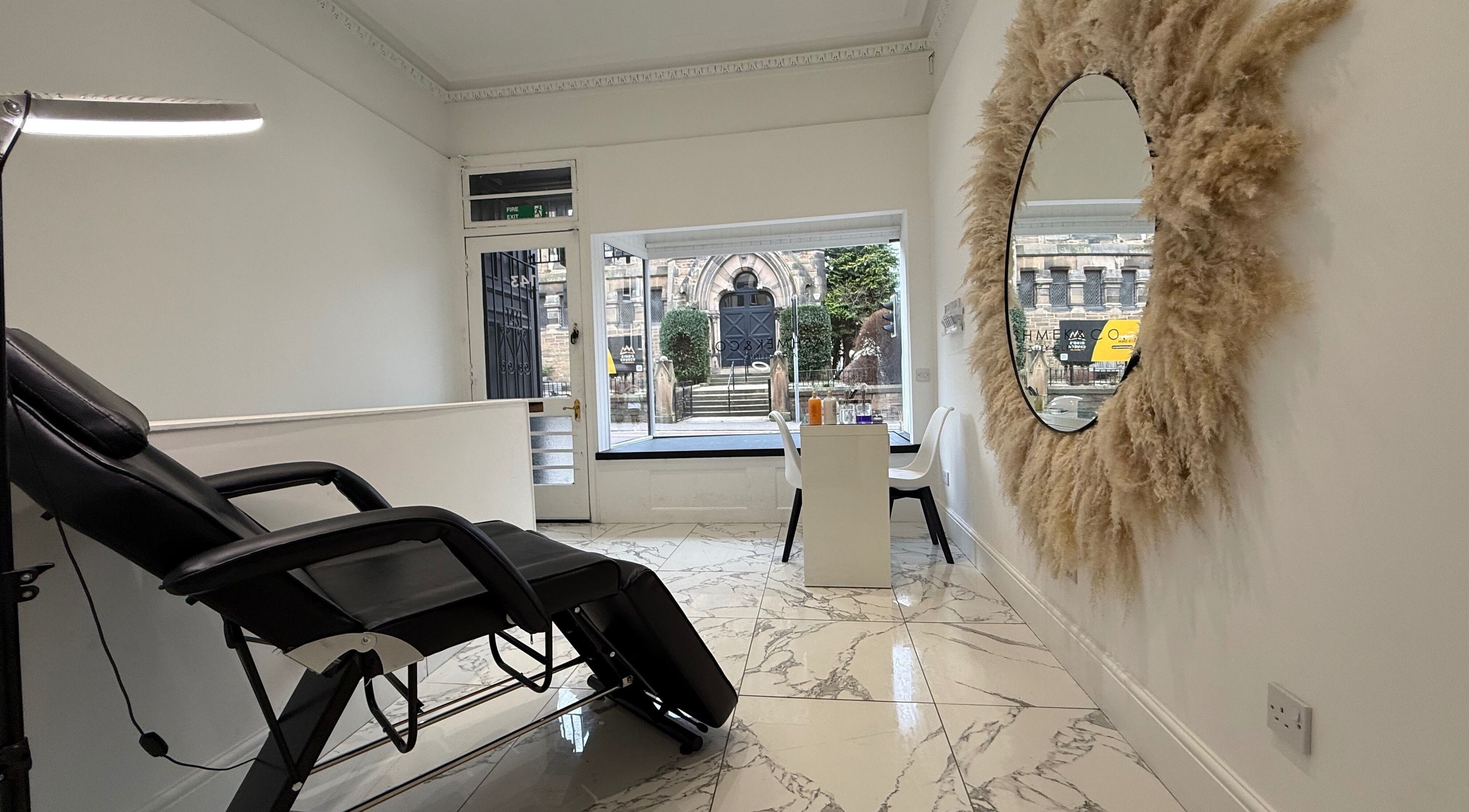 Lashmek salon interior with modern design and large windows in Edinburgh, Scotland, GB.