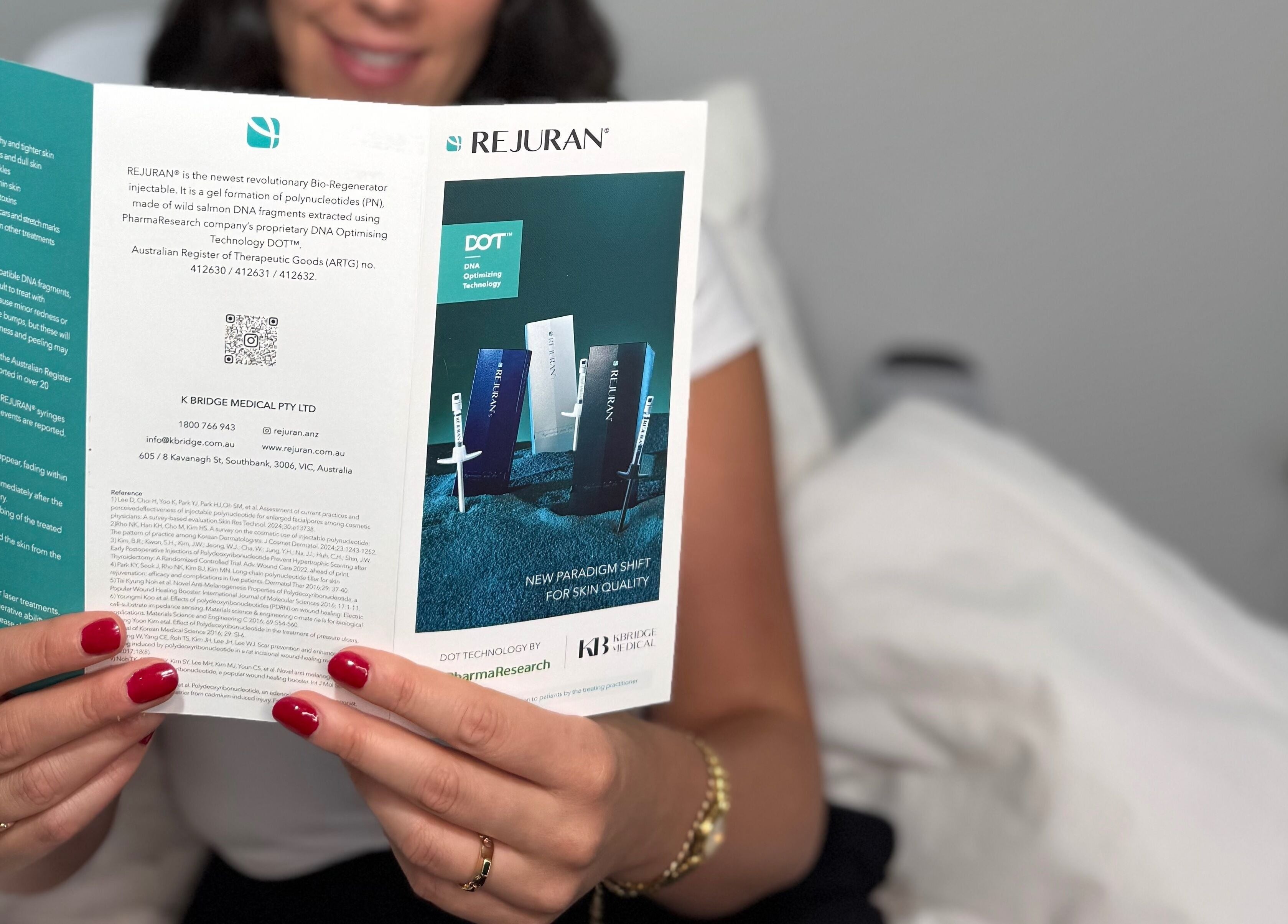Person reads Rejuran pamphlet at Aesthetixx, Coburg North, Victoria, AU, highlighting skin quality innovations.