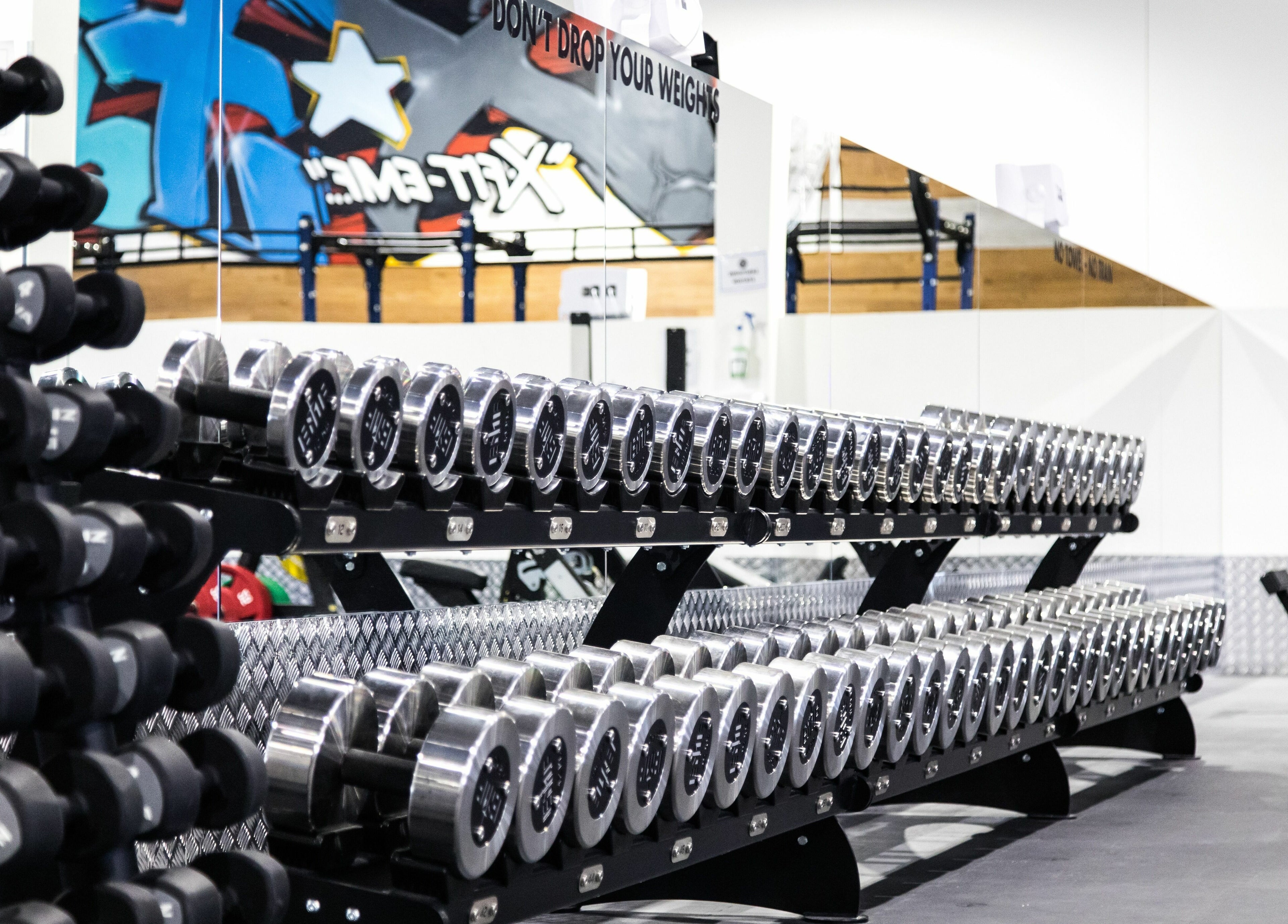 Rows of dumbbells at EMF Performance Centre | Browns Plains, Queensland, AU. Pristine gym environment.