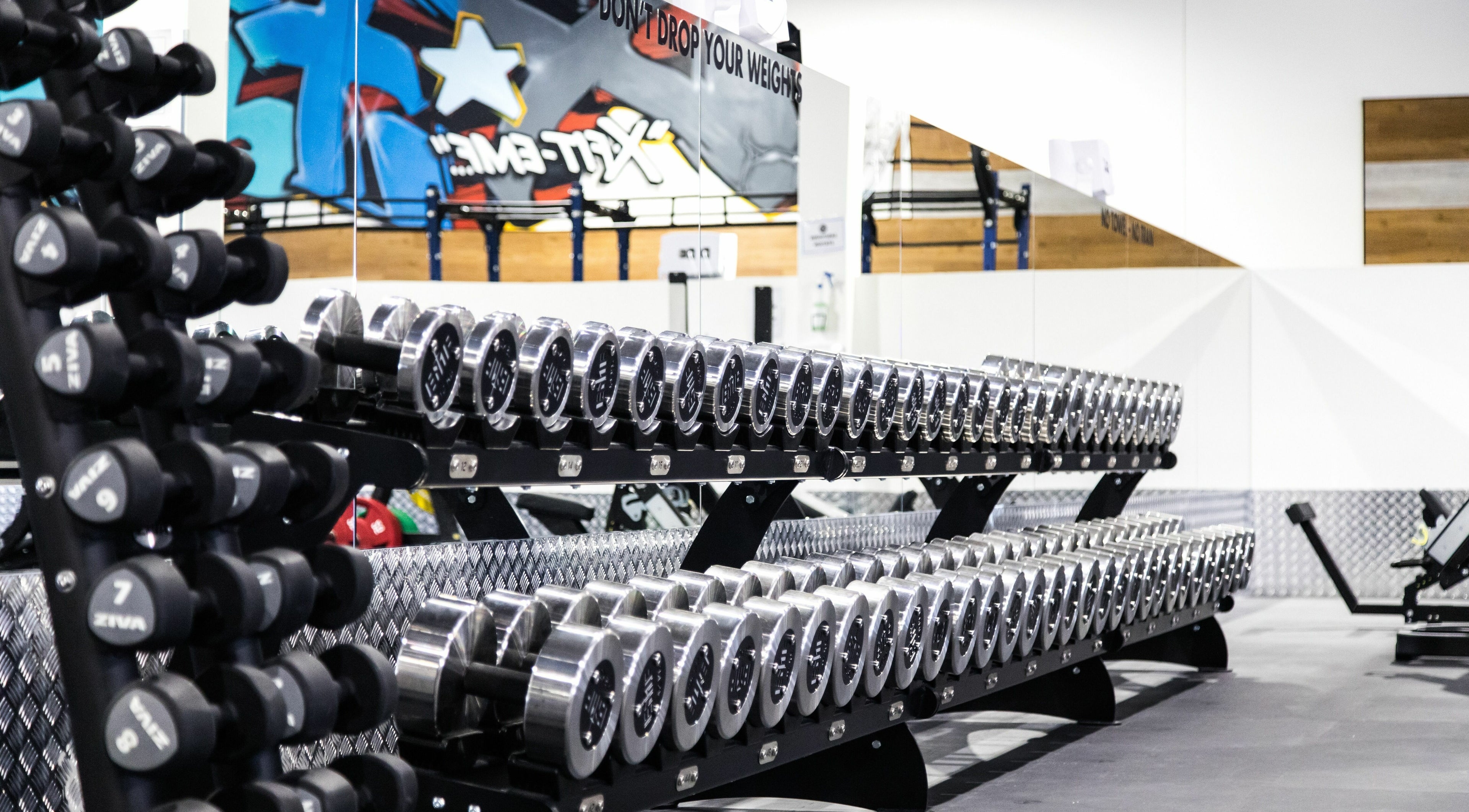 Rows of dumbbells at EMF Performance Centre | Browns Plains, Queensland, AU. Pristine gym environment.