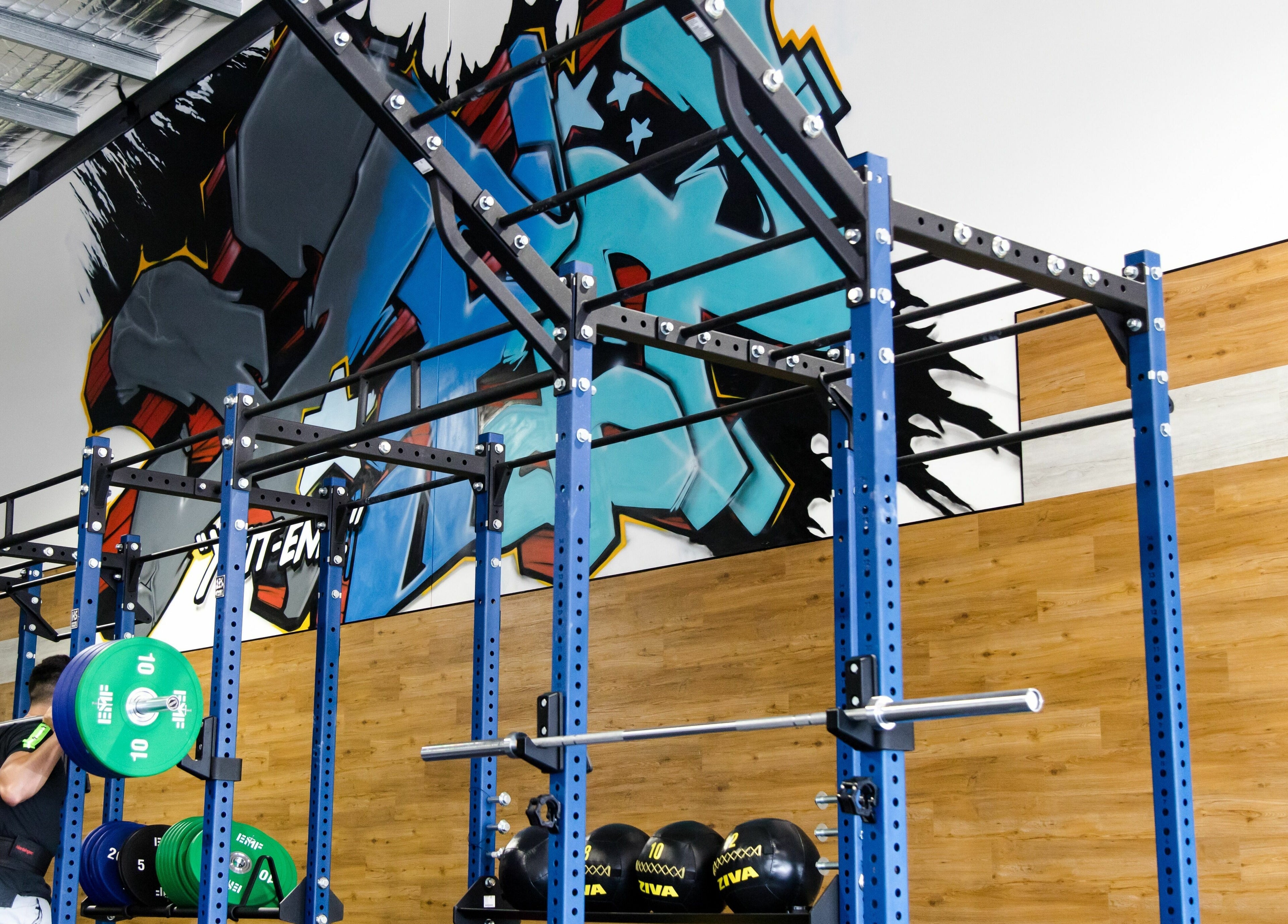 Vibrant gym space at EMF Performance Centre | Browns Plains in Queensland, AU with colorful wall art and equipment.