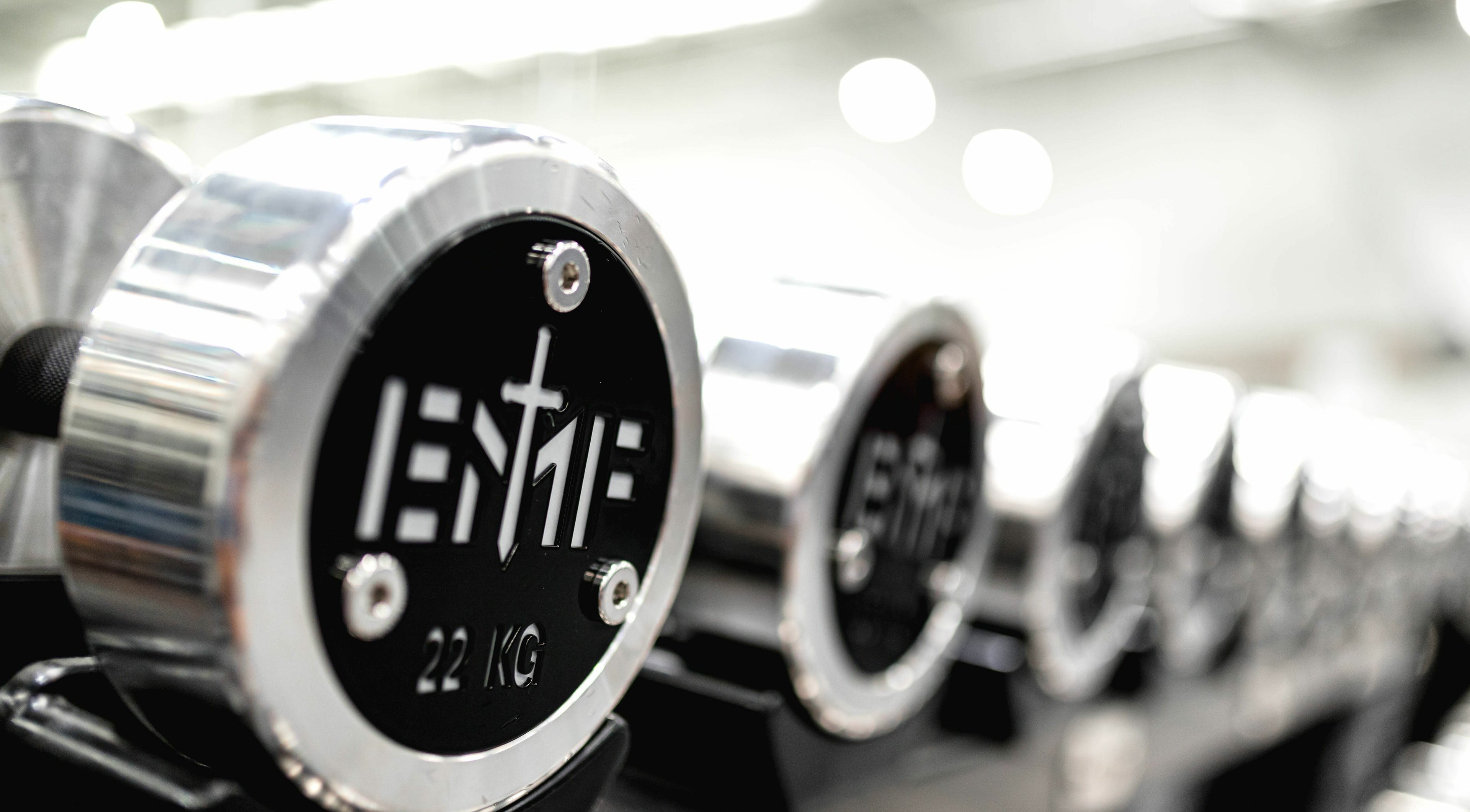 Close-up of shiny dumbbells at EMF Performance and Recovery Centre | Springfield, Queensland, AU.