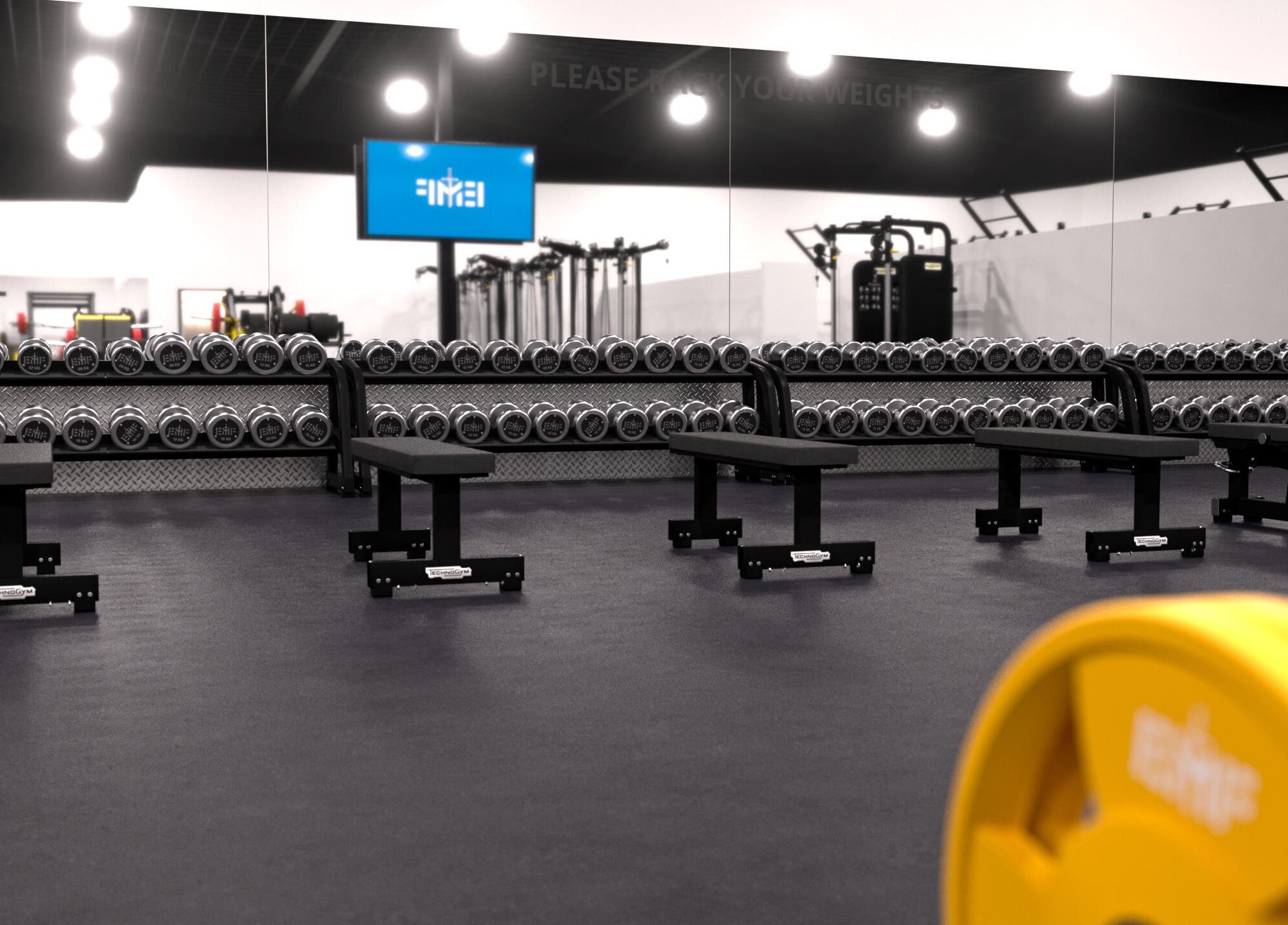 Spacious gym with weights and benches at EMF Yarrabilba, Yarrabilba, Queensland, AU.