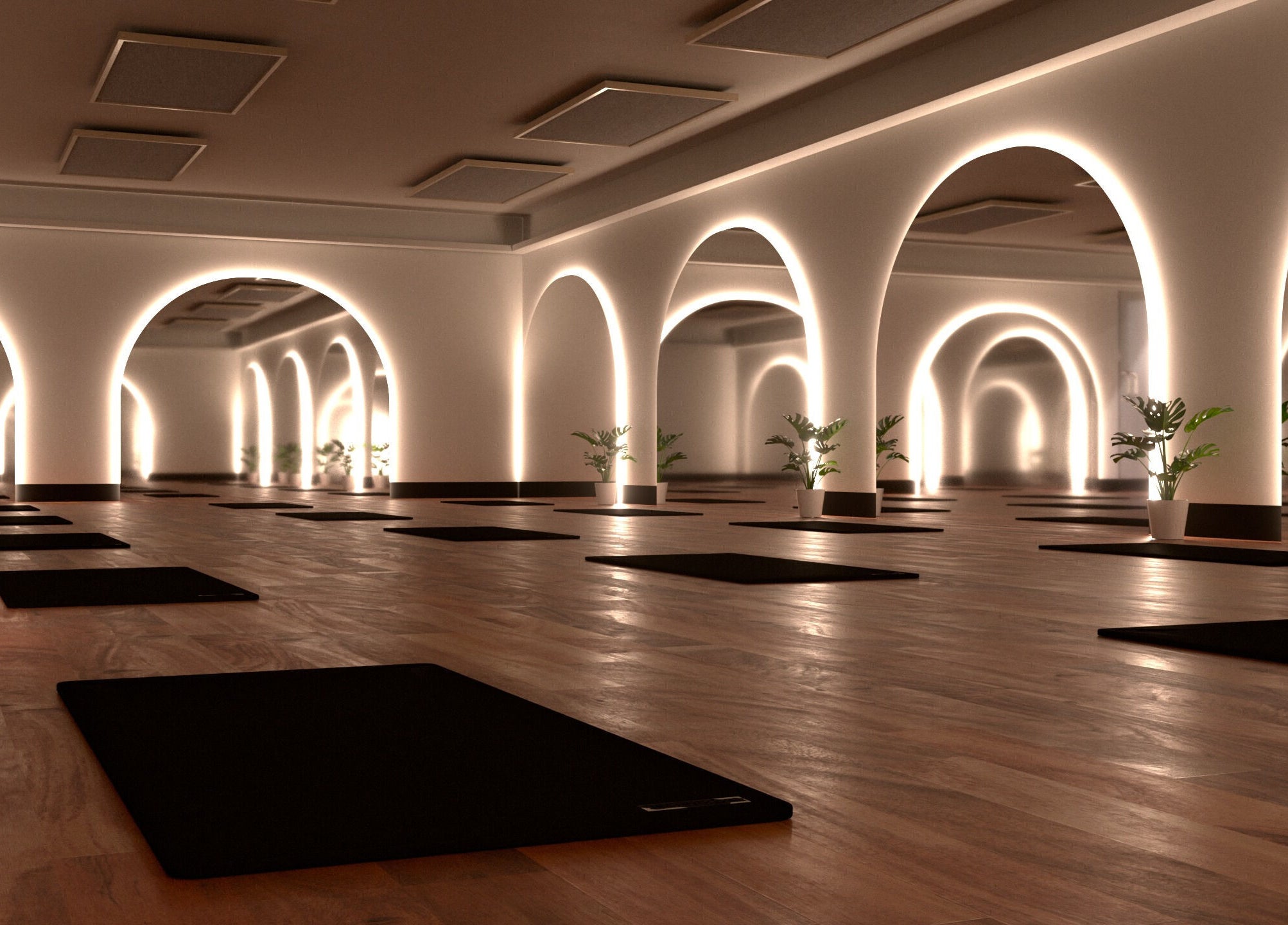 Peaceful yoga studio at EMF Yarrabilba, Yarrabilba, Queensland, AU with arches and yoga mats.
