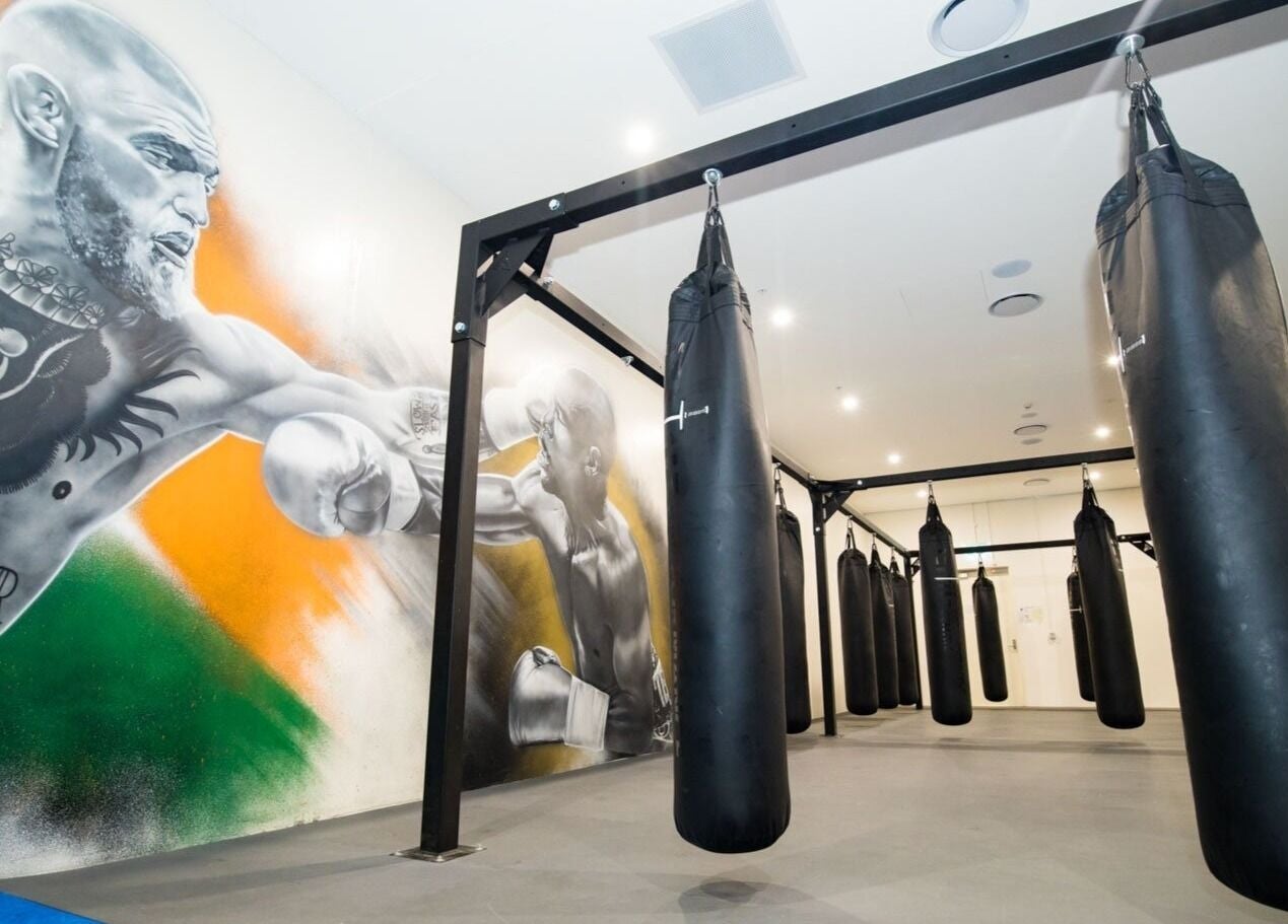 Boxing bags and mural at EMF Performance and Recovery Centre | Nerang, Highland Park, Queensland, AU.