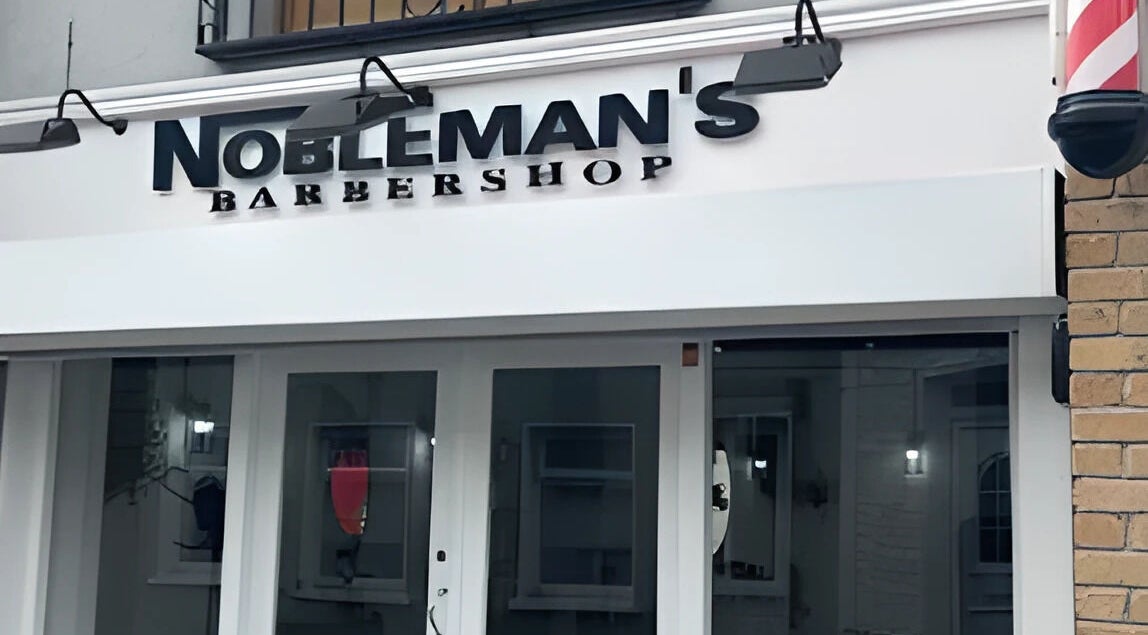Front view of Nobleman's Barbershop, Newbridge, County Kildare, IE showcasing sleek signage.