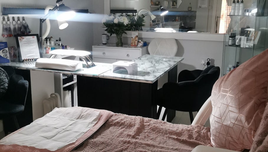 Elegant nail studio setup at The Nail Lady, Londonderry, Northern Ireland, GB showcasing modern decor.