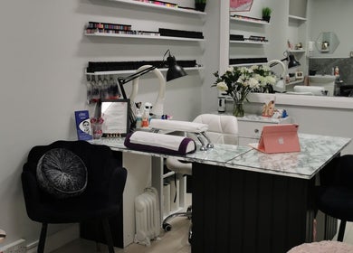 Elegant workspace at The Nail Lady in Londonderry, Northern Ireland, GB, showcasing nail care products.