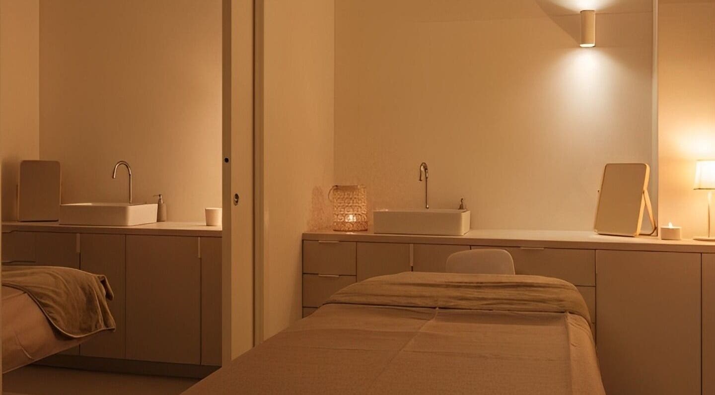 Smirujući prostor Domasi salona za masažu u Zagrebu, HR, s toplim osvjetljenjem i udobnim krevetom.