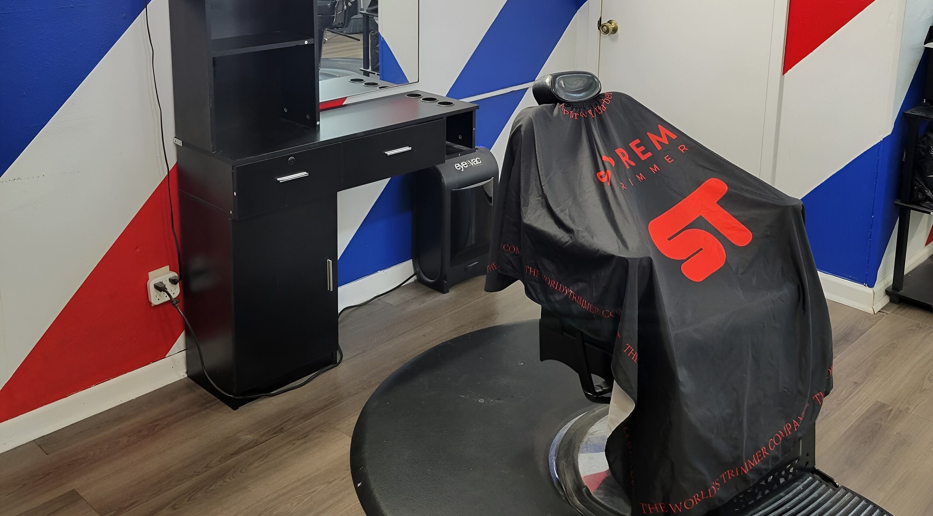 Modern barbershop chair and station at Sole Priorities, Victoria, Texas, US.