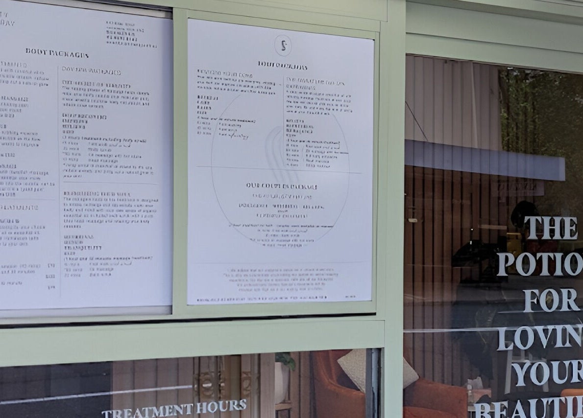 Detailed spa menu outside Serenity Cammeray Lux Spa in Cammeray, New South Wales, AU.