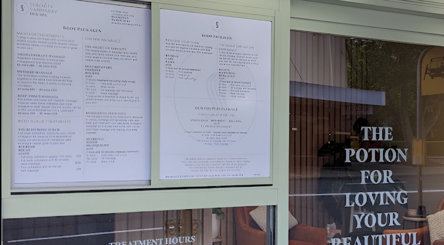 Detailed spa menu outside Serenity Cammeray Lux Spa in Cammeray, New South Wales, AU.