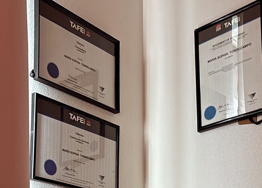 Certificates displayed at Lashed By Maya, Westmead, New South Wales, AU, showcasing expertise.