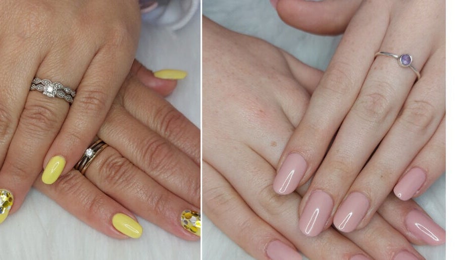 Nail art at Pretty Little Paws, Cape Town, Western Cape, ZA featuring glossy yellow and pink manicures.