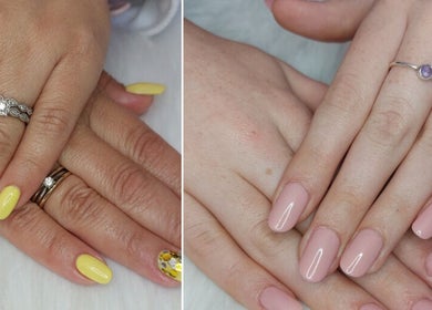 Nail art at Pretty Little Paws, Cape Town, Western Cape, ZA featuring glossy yellow and pink manicures.