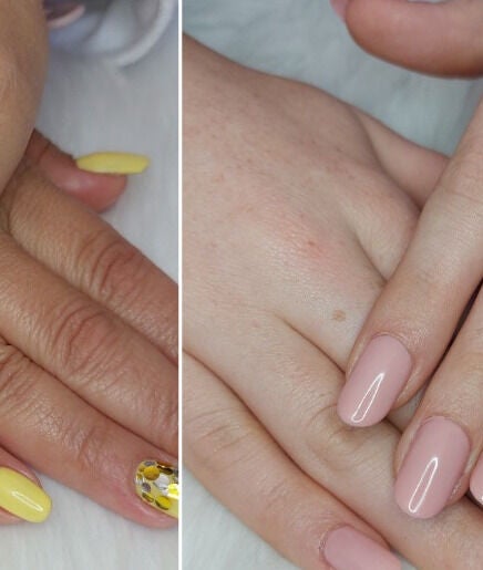 Nail art at Pretty Little Paws, Cape Town, Western Cape, ZA featuring glossy yellow and pink manicures.