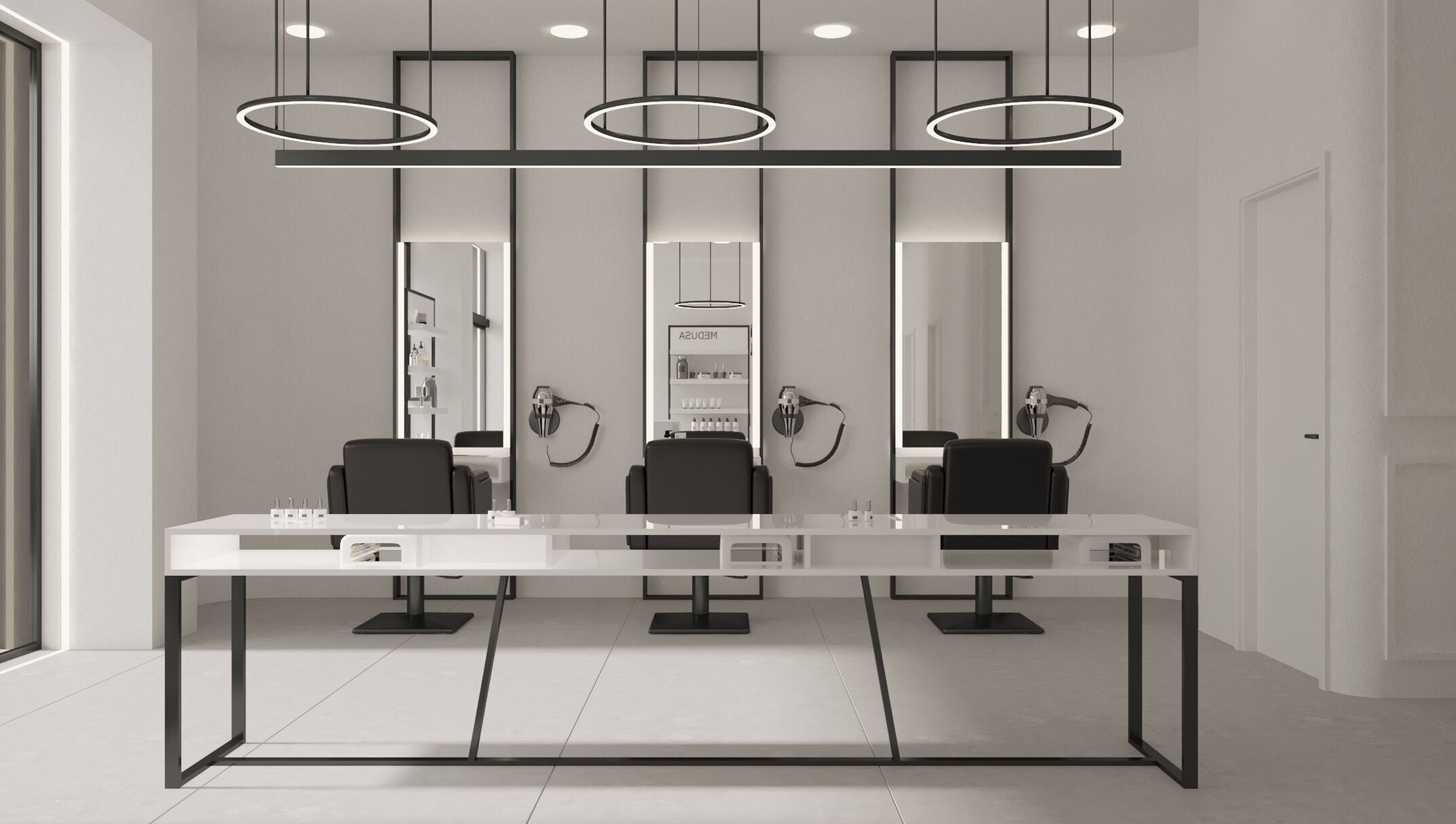 Elegant salon interior at Medusa Kolonaki, Athina, GR, with modern styling stations and chic lighting.