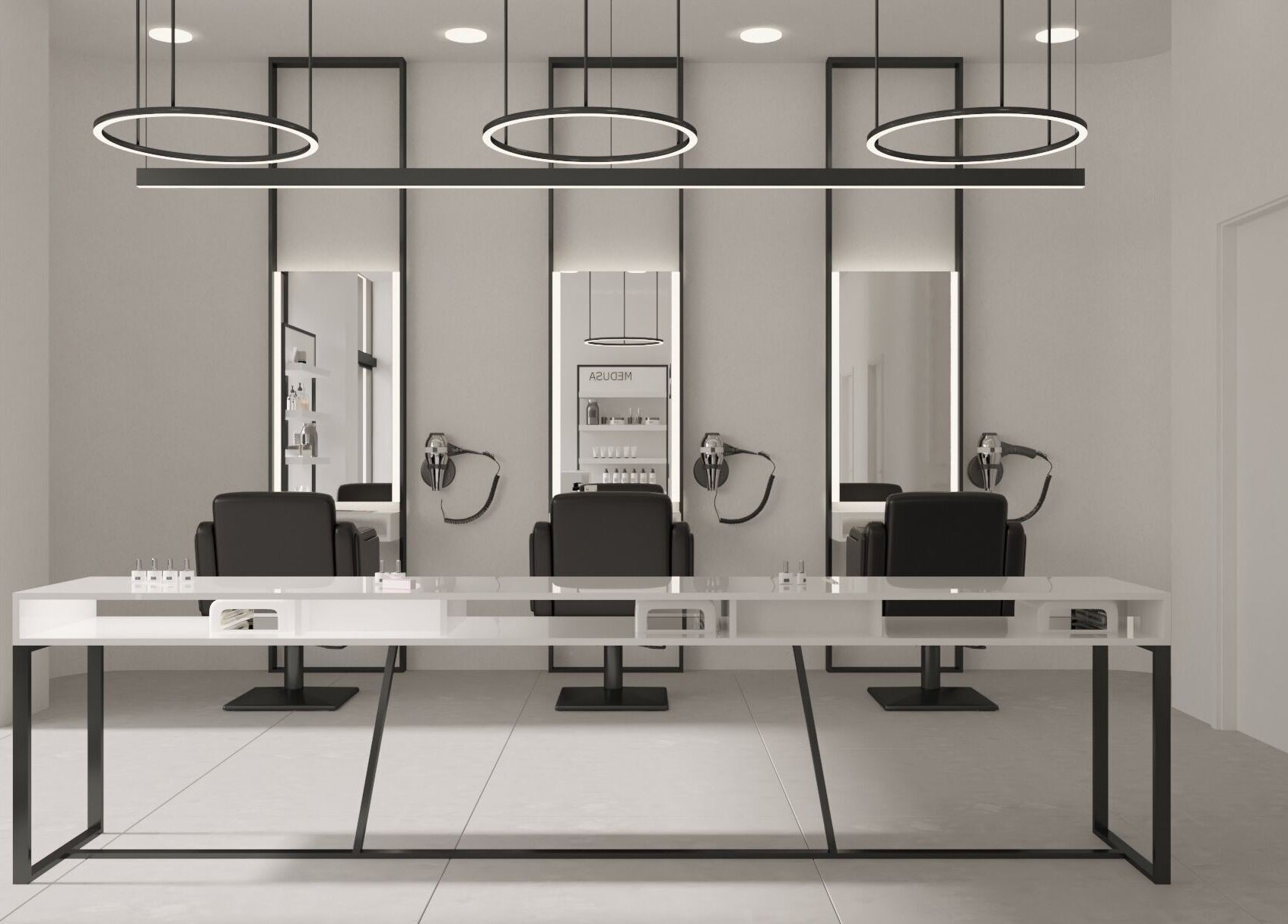 Elegant salon interior at Medusa Kolonaki, Athina, GR, with modern styling stations and chic lighting.