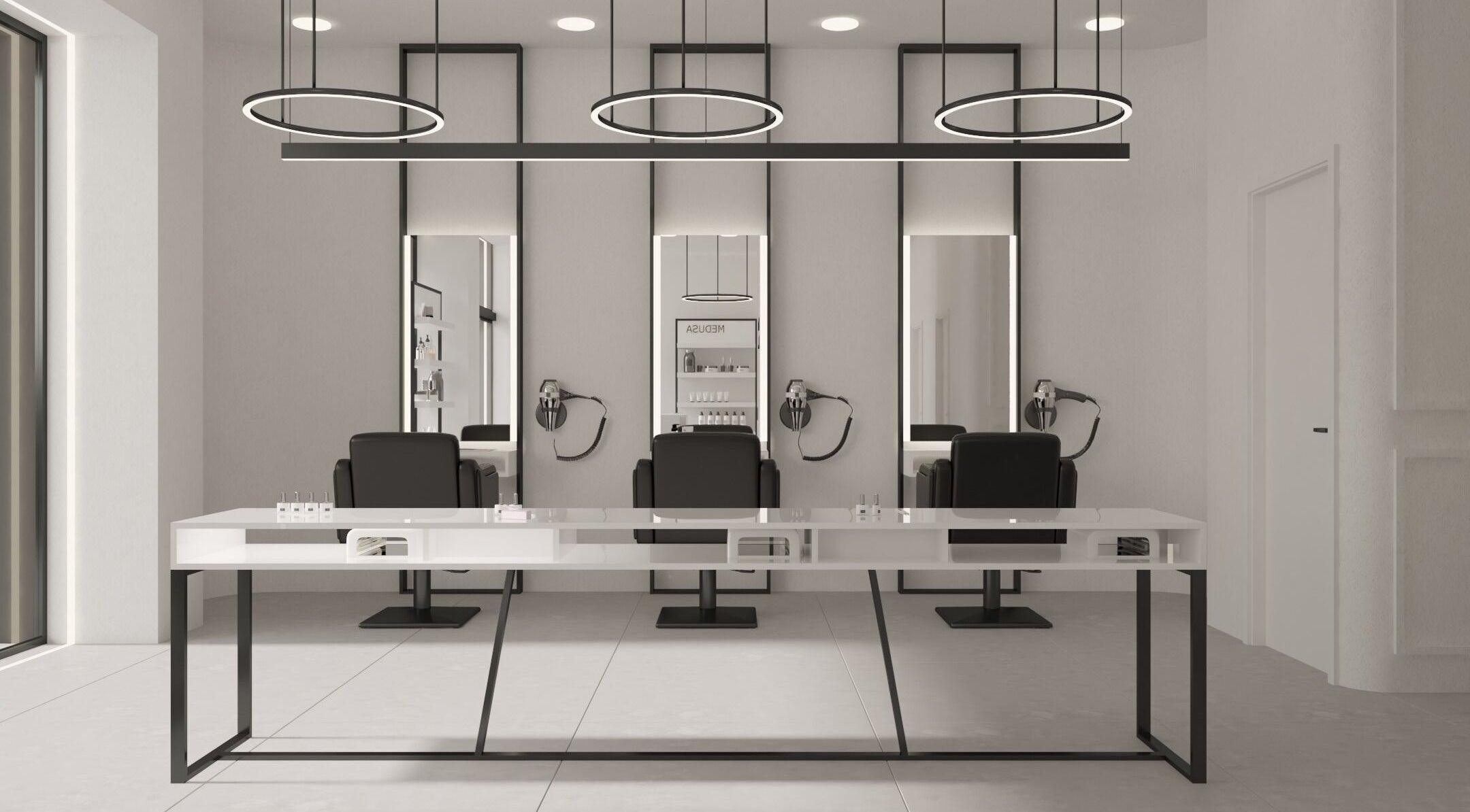 Elegant salon interior at Medusa Kolonaki, Athina, GR, with modern styling stations and chic lighting.