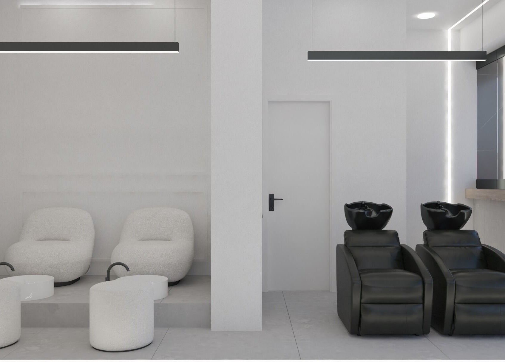 Modern salon chairs and wash stations at Medusa Kolonaki, Athina, GR. Elegant ambiance for beauty services.