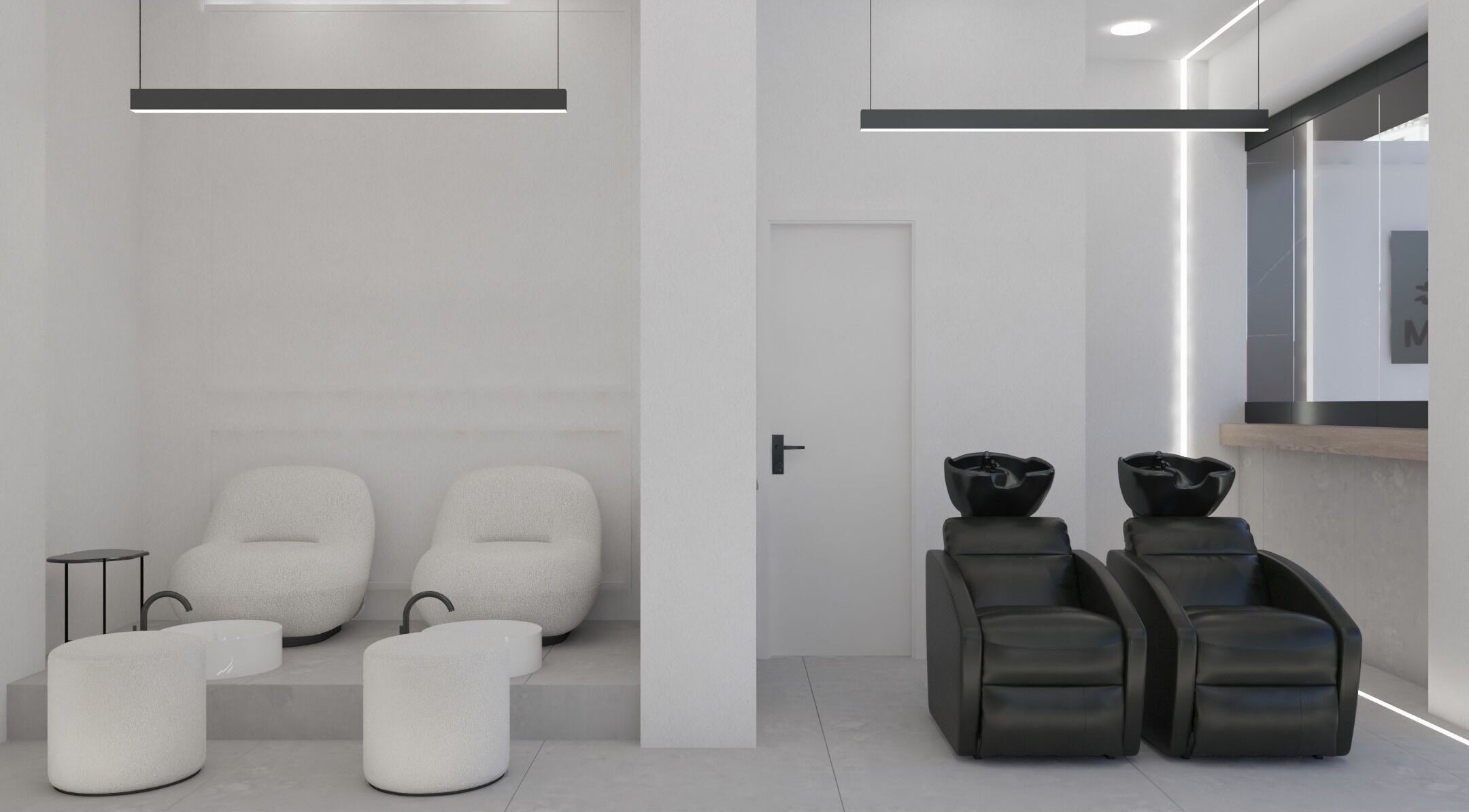 Modern salon chairs and wash stations at Medusa Kolonaki, Athina, GR. Elegant ambiance for beauty services.