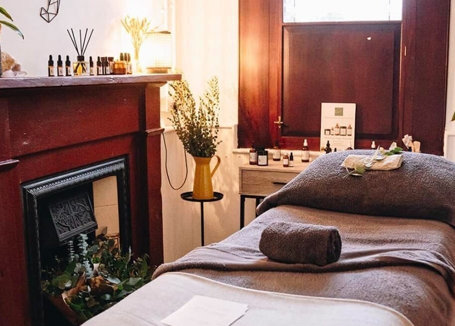Relaxing treatment room at The Wellness Lounge with Oils in Bloom, East Lothian, Scotland, GB.