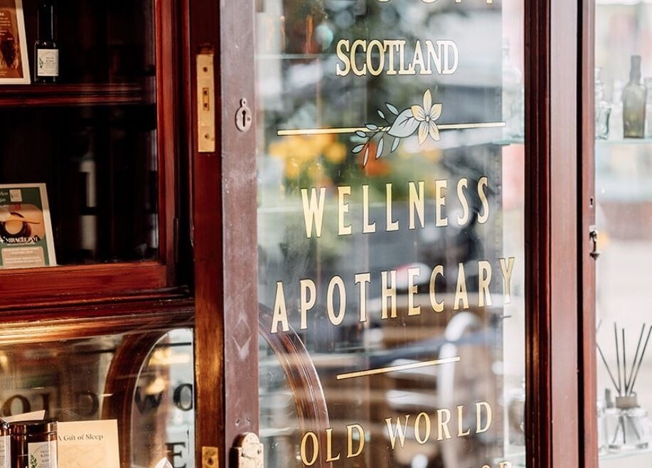 Shop window at The Wellness Lounge with Oils in Bloom, East Lothian, Scotland, GB showcasing wellness products.