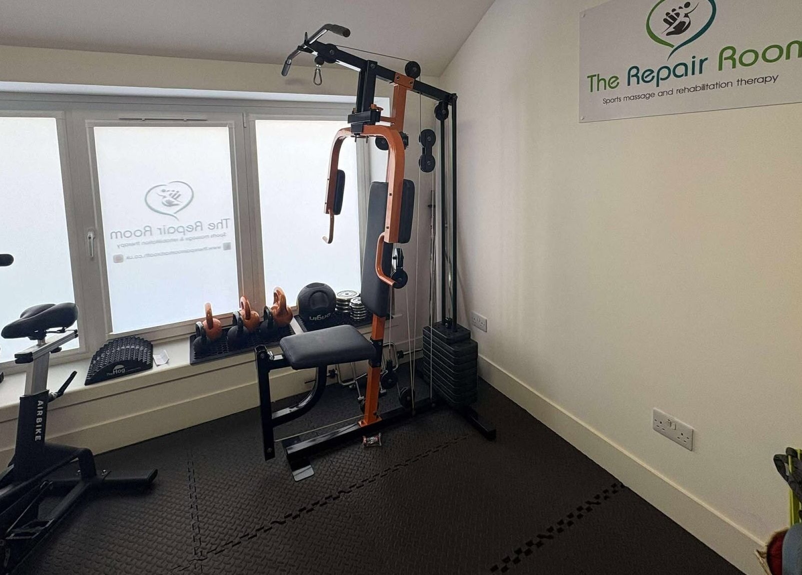 Gym equipment at The Repair Room, Arbroath, Scotland, GB for rehabilitation and fitness therapy.